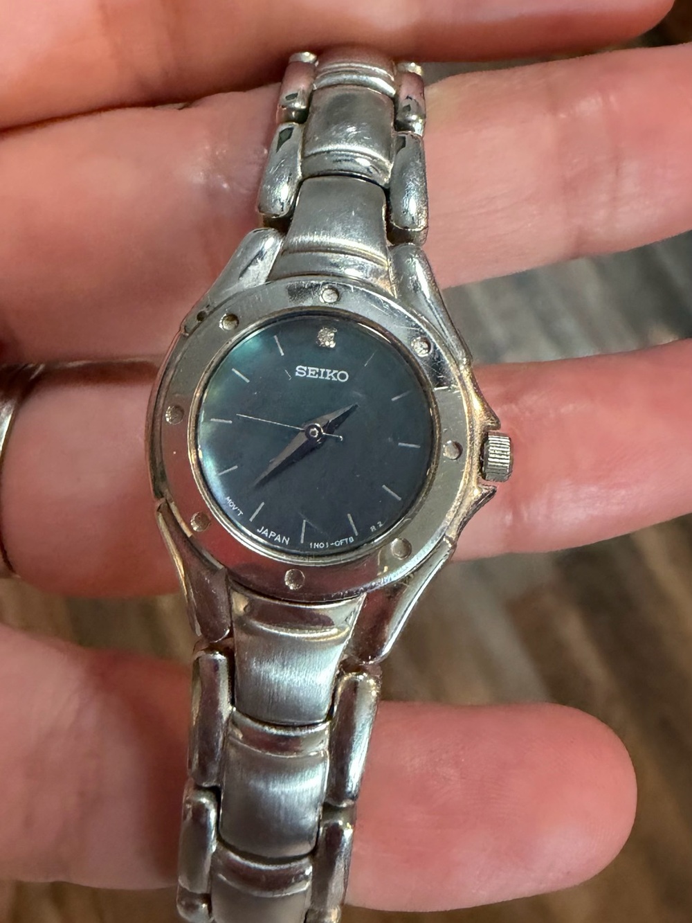 Seiko Silver Stainless Steel Watch  Iridescent mother of pearl face with diamond